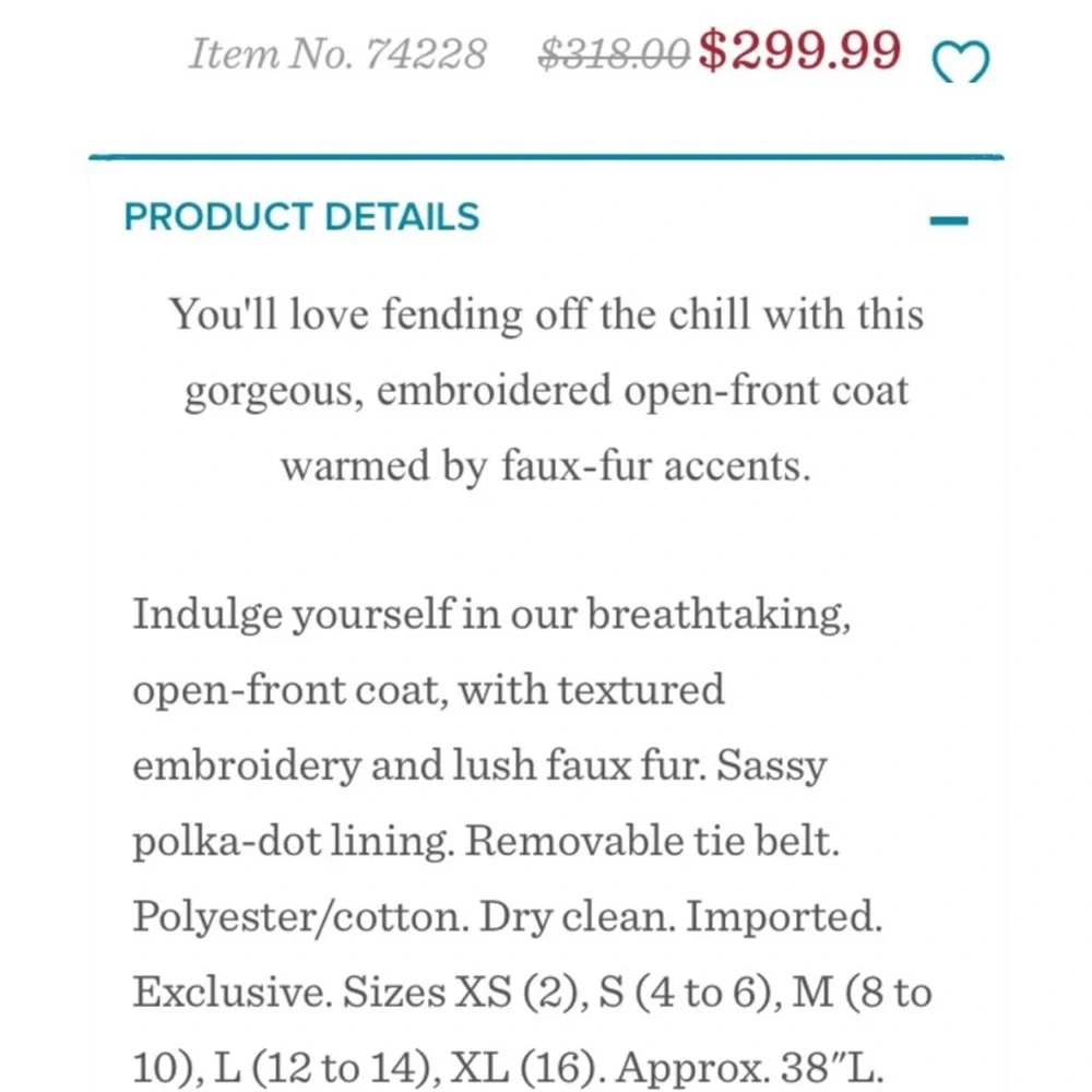 🦄 Tatou Embroidered Coat with faux fur trim ~Sundance Catalog - Picture 5 of 5